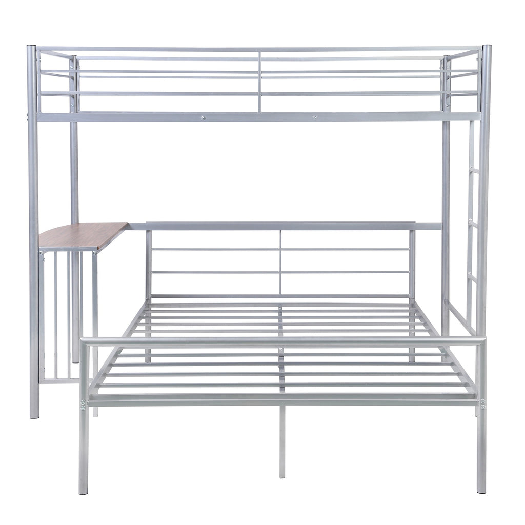 LuxxHomes  Silver Twin Over Full Size Metal Bunk Bed with Desk