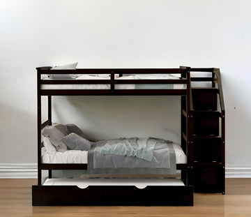 LuxxHomes  Brown Twin Over Twin Bunk Bed with Trundle