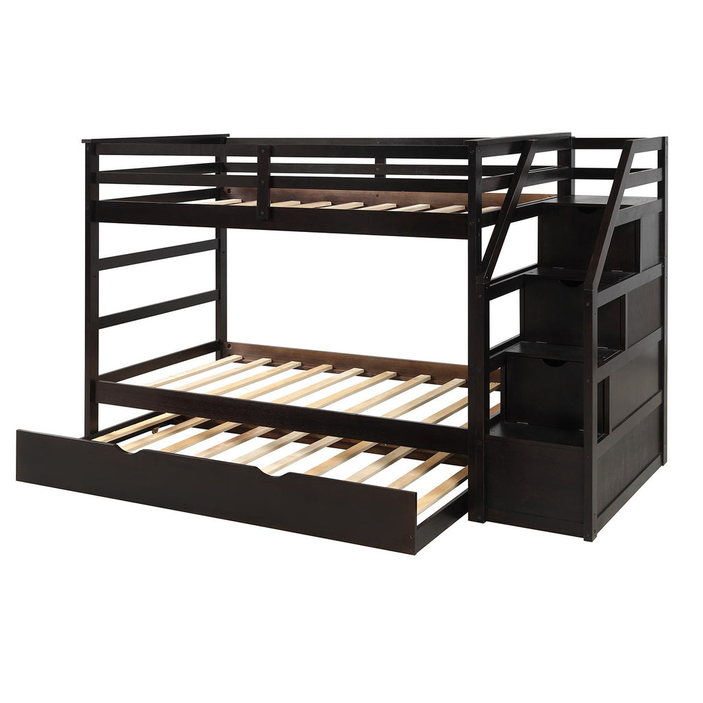 LuxxHomes  Brown Twin Over Twin Bunk Bed with Trundle