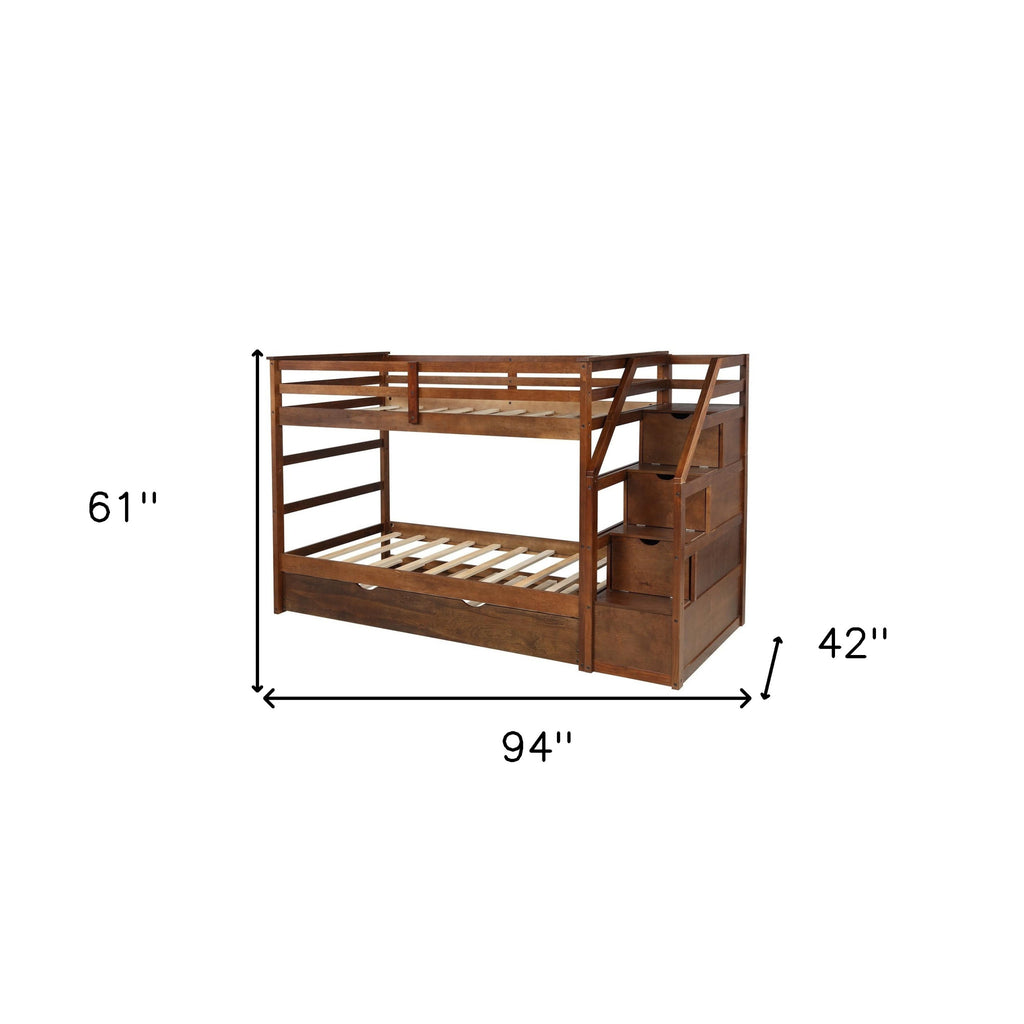 LuxxHomes  Walnut Twin Over Twin Bunk Bed with Trundle