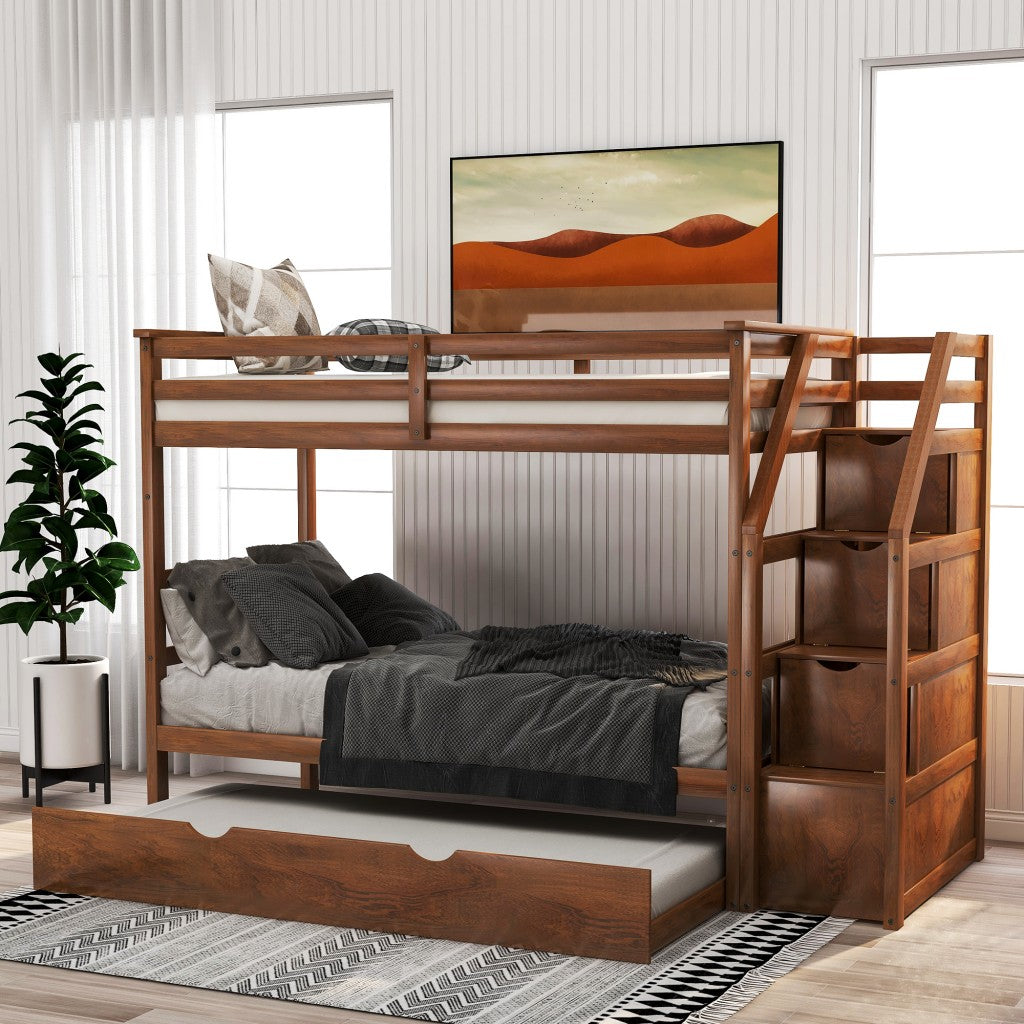 LuxxHomes  Walnut Twin Over Twin Bunk Bed with Trundle