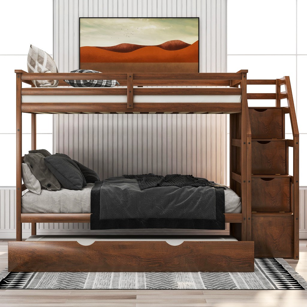 LuxxHomes  Walnut Twin Over Twin Bunk Bed with Trundle