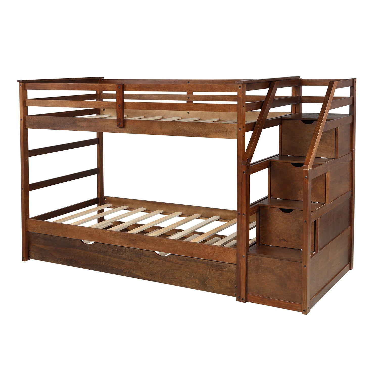 LuxxHomes  Walnut Twin Over Twin Bunk Bed with Trundle