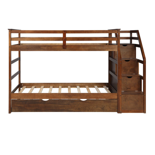 LuxxHomes  Walnut Twin Over Twin Bunk Bed with Trundle