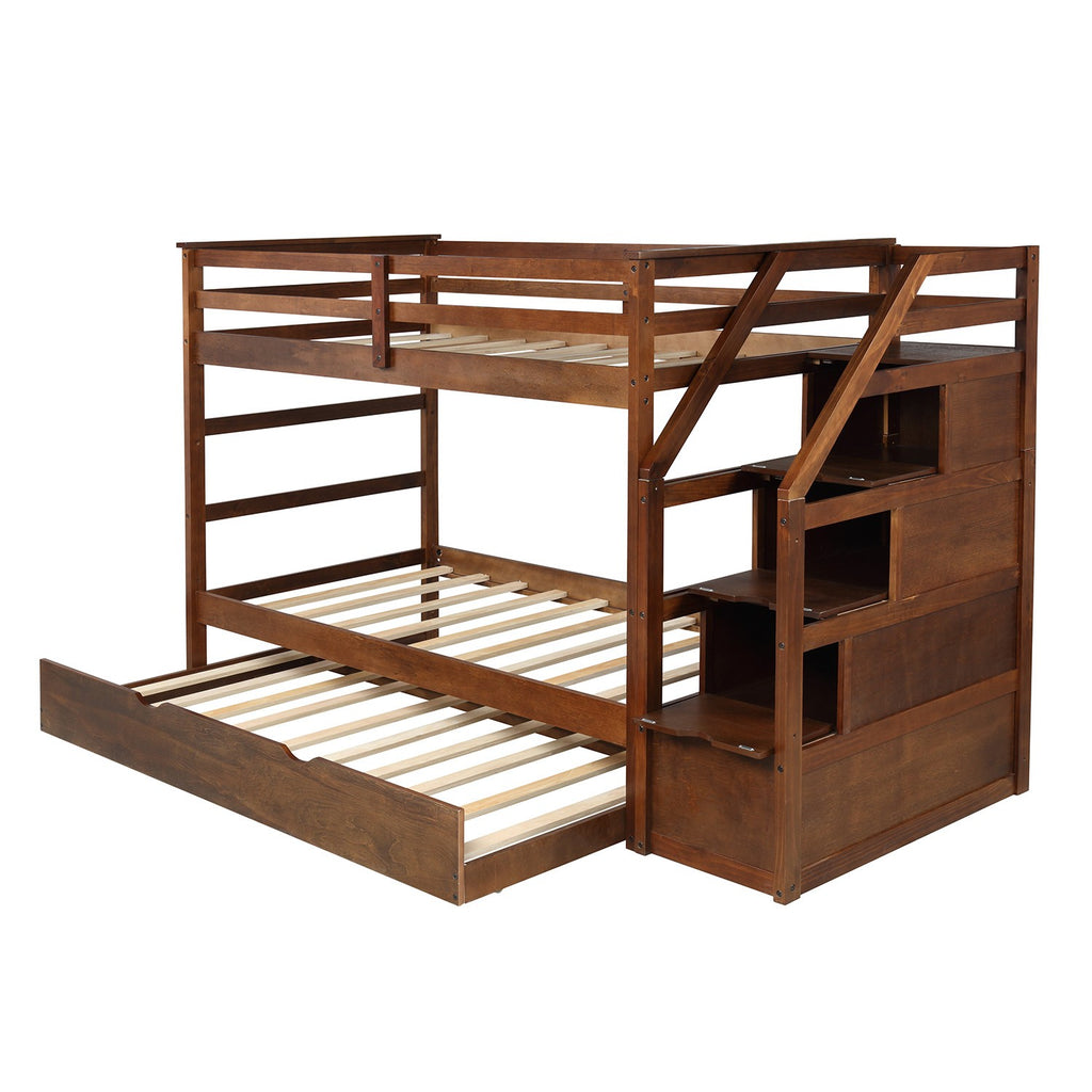 LuxxHomes  Walnut Twin Over Twin Bunk Bed with Trundle