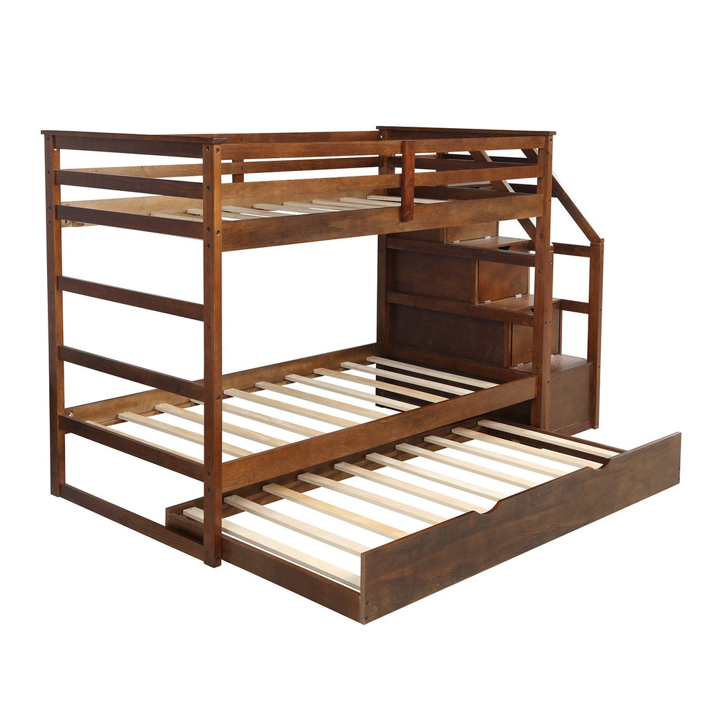 LuxxHomes  Walnut Twin Over Twin Bunk Bed with Trundle