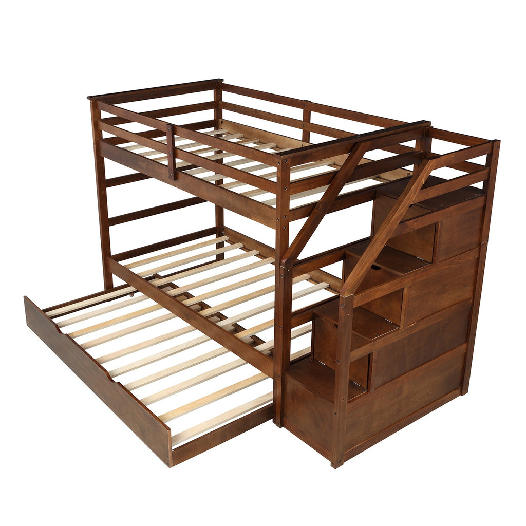 LuxxHomes  Walnut Twin Over Twin Bunk Bed with Trundle