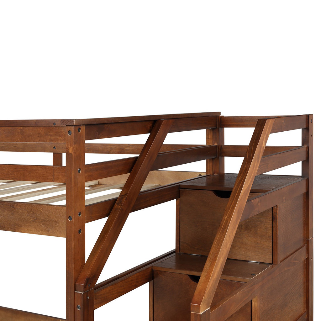 LuxxHomes  Walnut Twin Over Twin Bunk Bed with Trundle