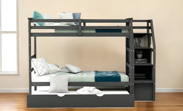 LuxxHomes  Gray Twin Over Twin Bunk Bed with Trundle