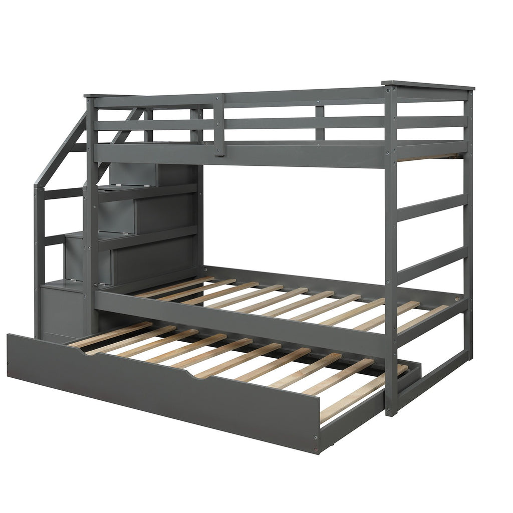 LuxxHomes  Gray Twin Over Twin Bunk Bed with Trundle