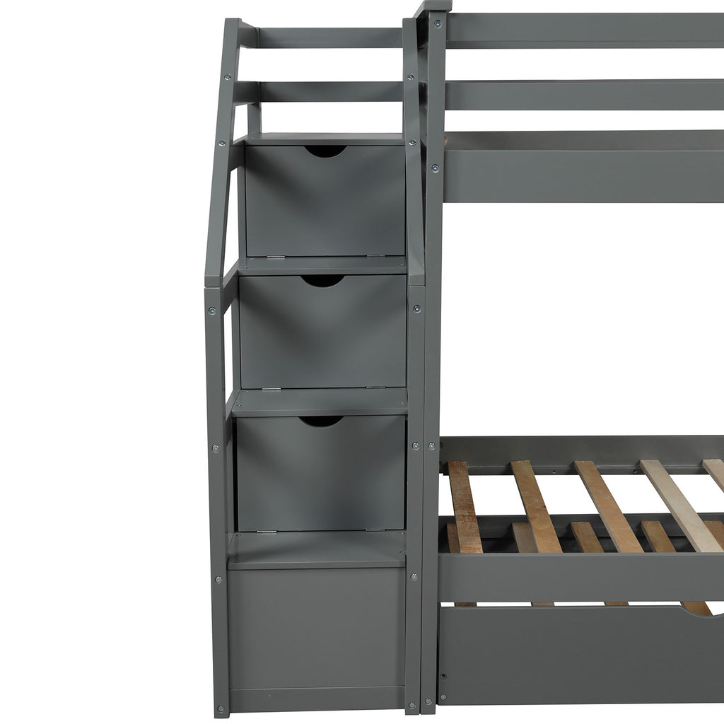 LuxxHomes  Gray Twin Over Twin Bunk Bed with Trundle