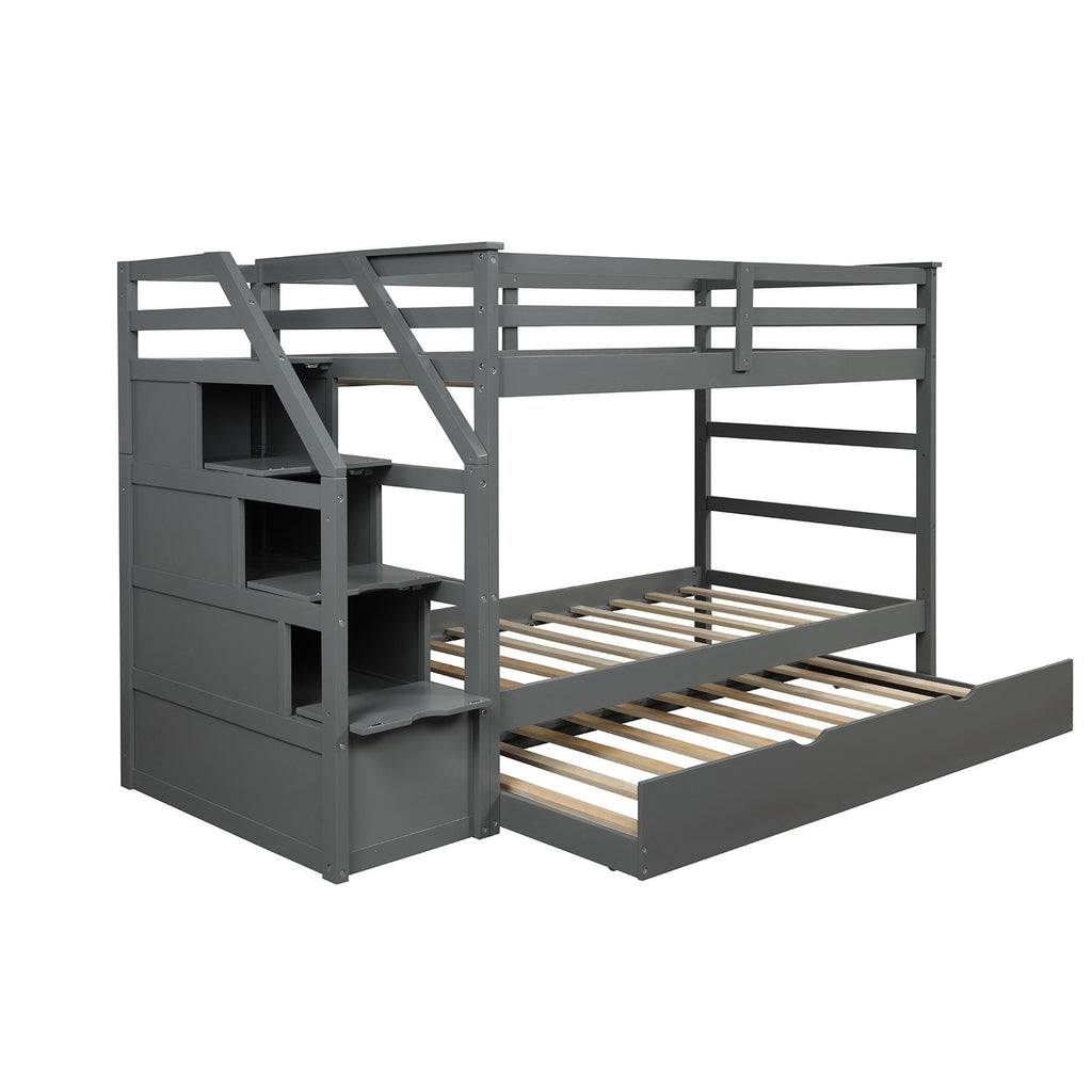 LuxxHomes  Gray Twin Over Twin Bunk Bed with Trundle