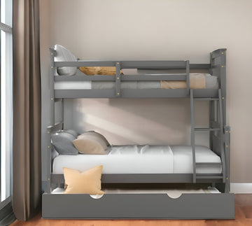 LuxxHomes  Gray Twin Over Full Size Bunk Bed with Trundle