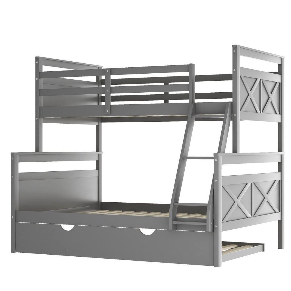 LuxxHomes  Gray Twin Over Full Size Bunk Bed with Trundle