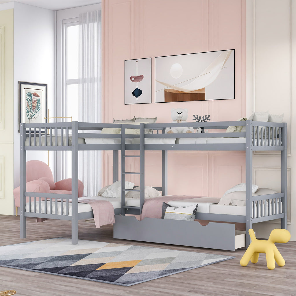 LuxxHomes  Gray Twin Size L Shaped Double Bunk Bed with Drawer