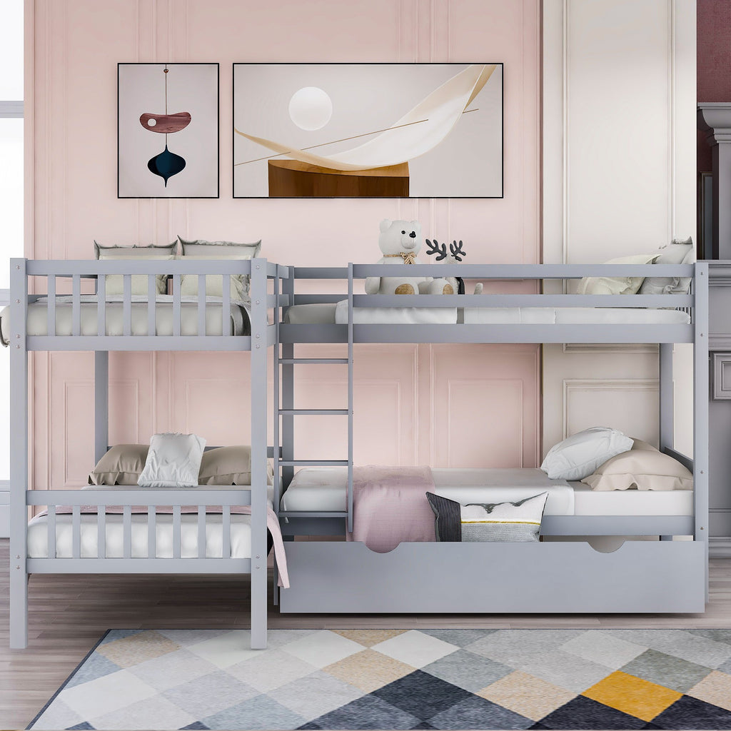 LuxxHomes  Gray Twin Size L Shaped Double Bunk Bed with Drawer