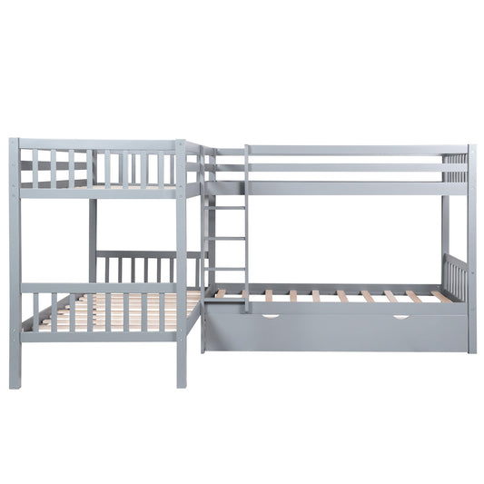 LuxxHomes  Gray Twin Size L Shaped Double Bunk Bed with Drawer