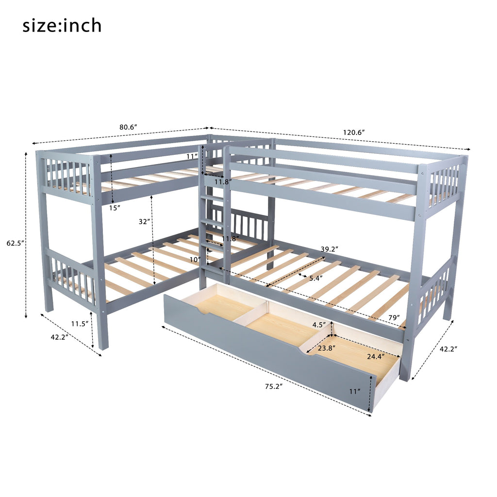 LuxxHomes  Gray Twin Size L Shaped Double Bunk Bed with Drawer