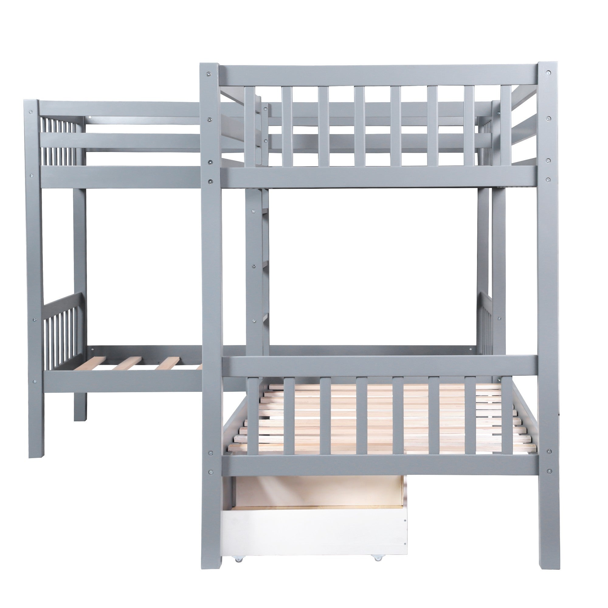 LuxxHomes  Gray Twin Size L Shaped Double Bunk Bed with Drawer