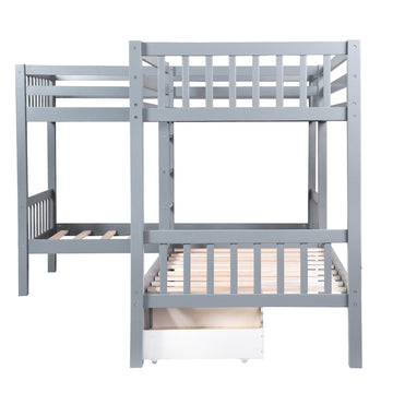 LuxxHomes  Gray Twin Size L Shaped Double Bunk Bed with Drawer