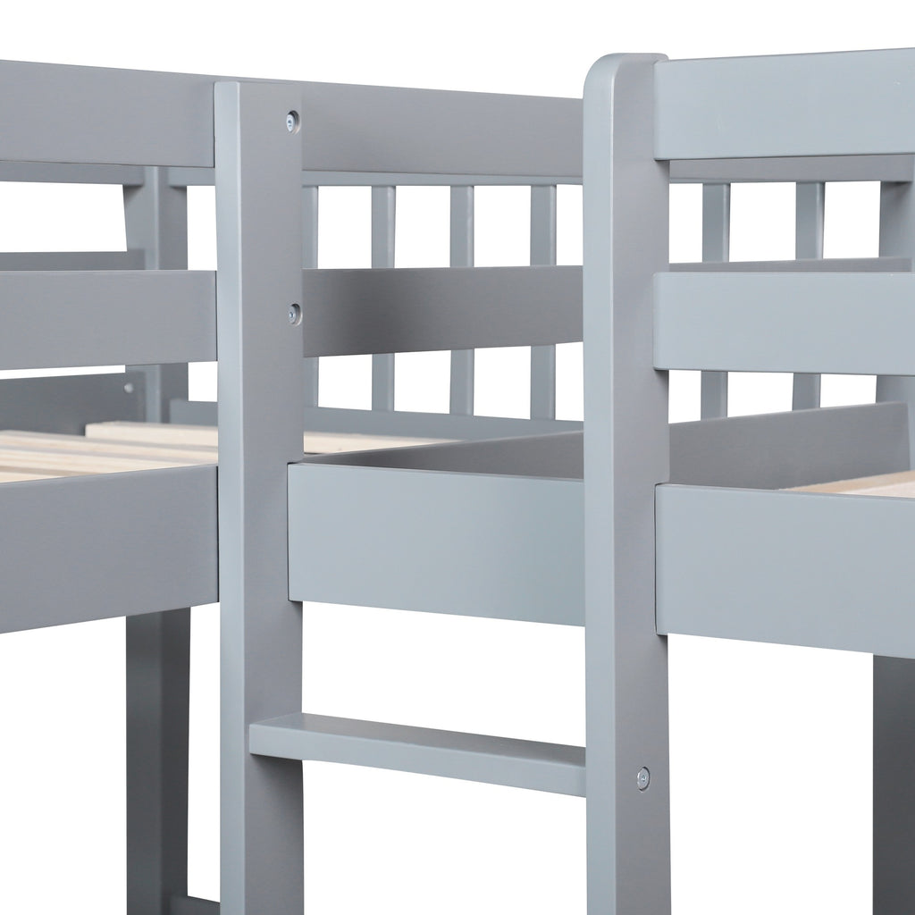 LuxxHomes  Gray Twin Size L Shaped Double Bunk Bed with Drawer