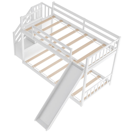 LuxxHomes  White Twin Over Twin Bunk Bed with Stairway and Slide