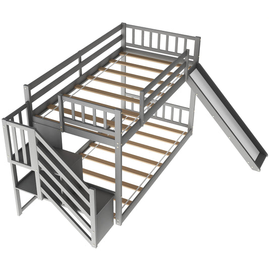 LuxxHomes  Gray Twin Over Twin Bunk Bed with Stairway and Slide