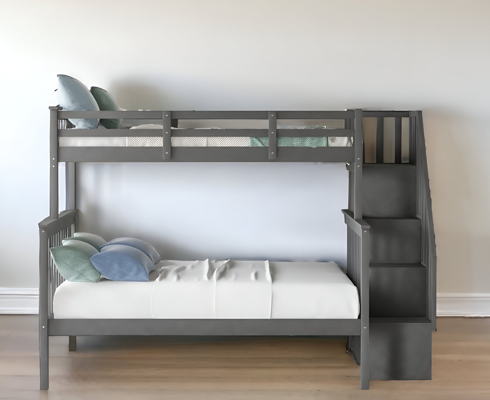 LuxxHomes  Gray Twin Over Full Contemporary Bunk Bed With Stairs And Shelves