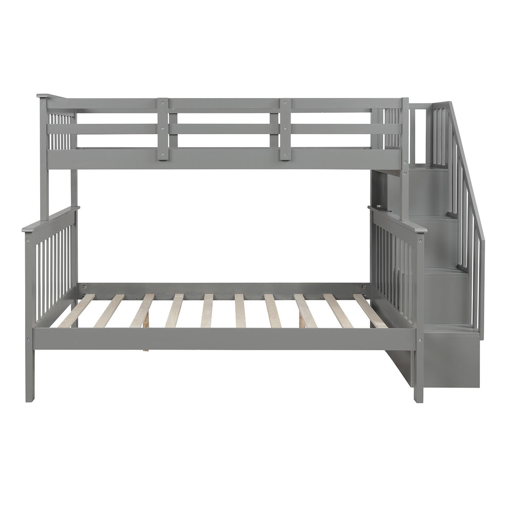 LuxxHomes  Gray Twin Over Full Contemporary Bunk Bed With Stairs And Shelves