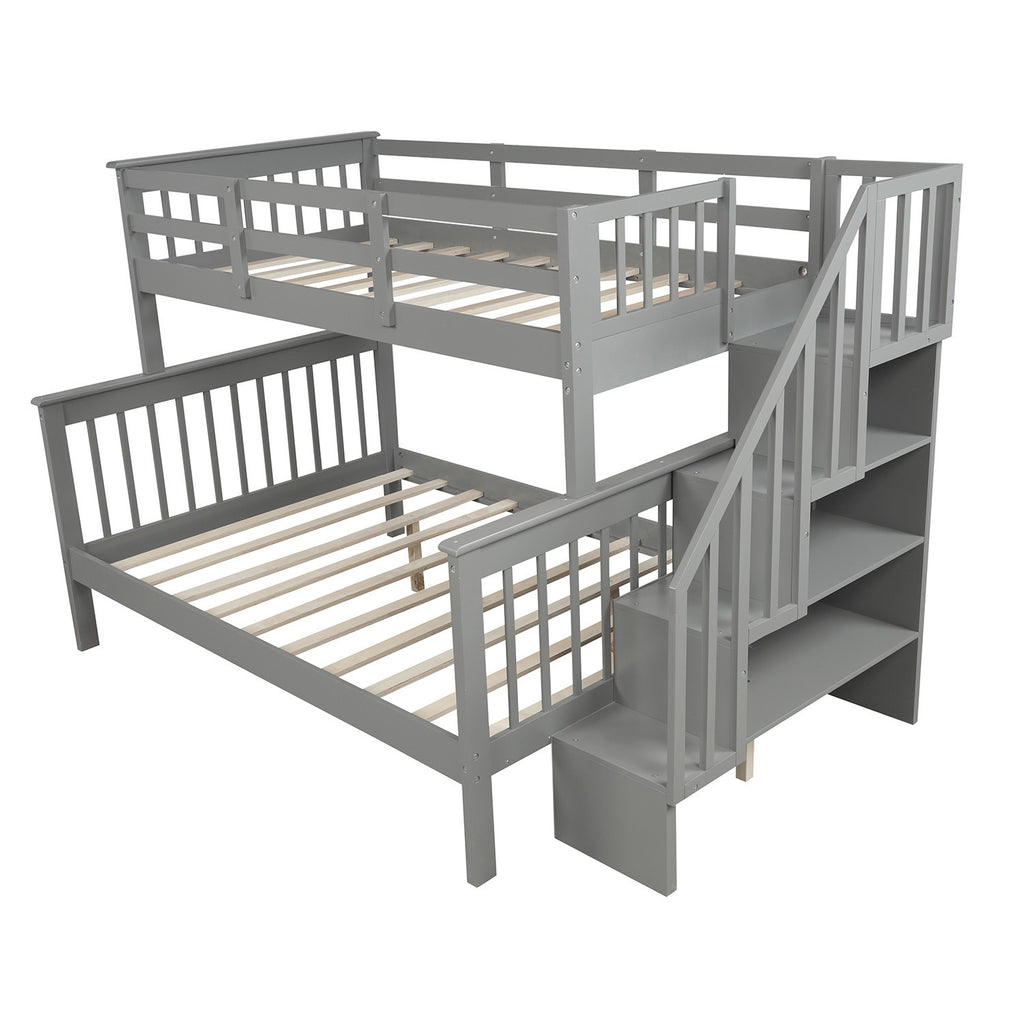 LuxxHomes  Gray Twin Over Full Contemporary Bunk Bed With Stairs And Shelves