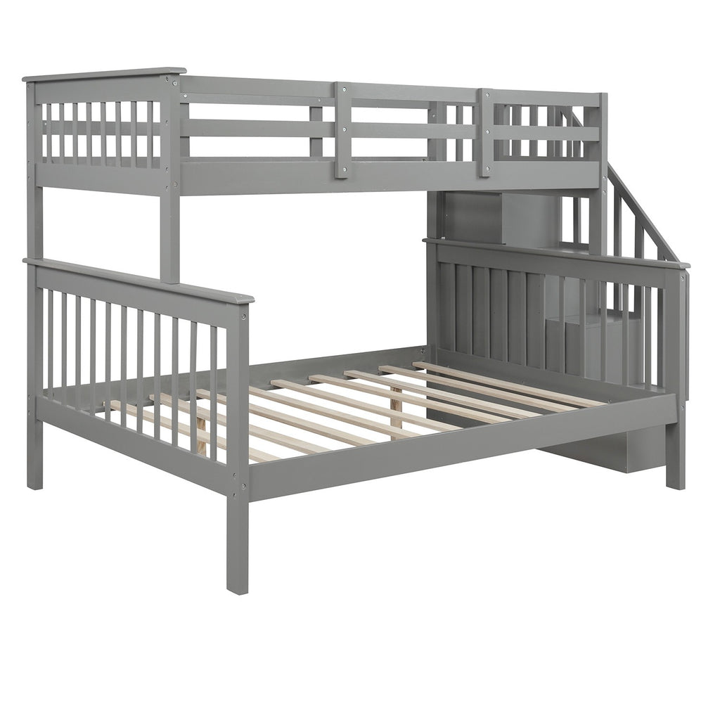 LuxxHomes  Gray Twin Over Full Contemporary Bunk Bed With Stairs And Shelves