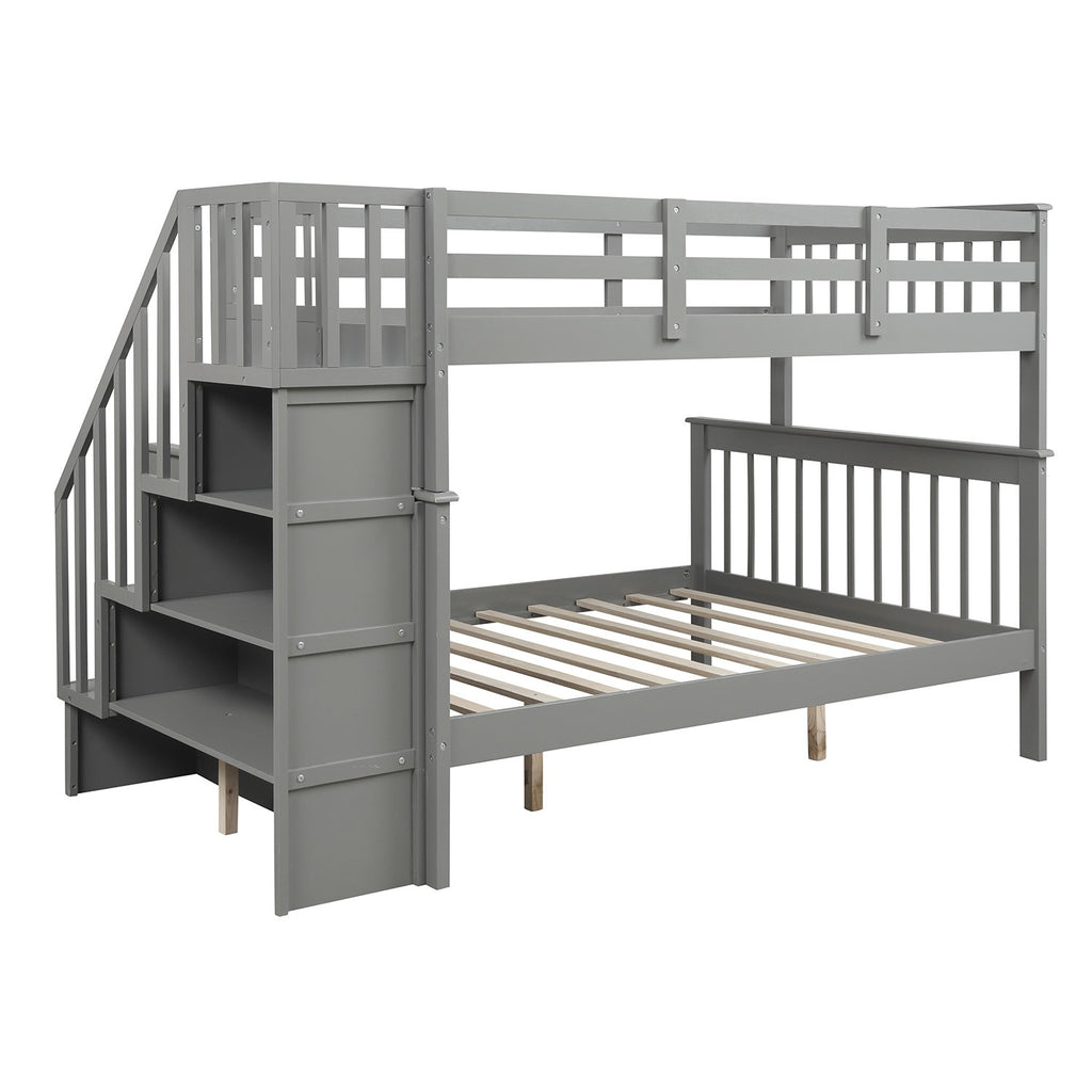 LuxxHomes  Gray Twin Over Full Contemporary Bunk Bed With Stairs And Shelves