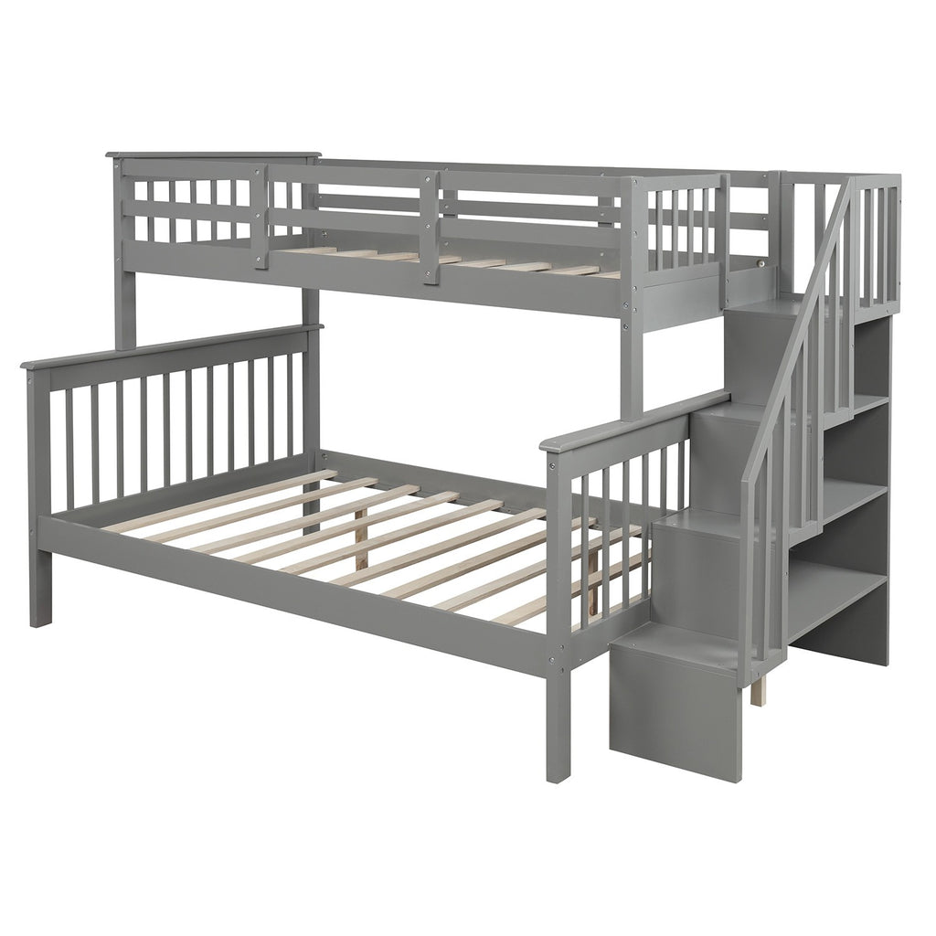 LuxxHomes  Gray Twin Over Full Contemporary Bunk Bed With Stairs And Shelves