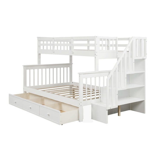 LuxxHomes  White Twin Over Full Contemporary Bunk Bed With Stairs And Shelves