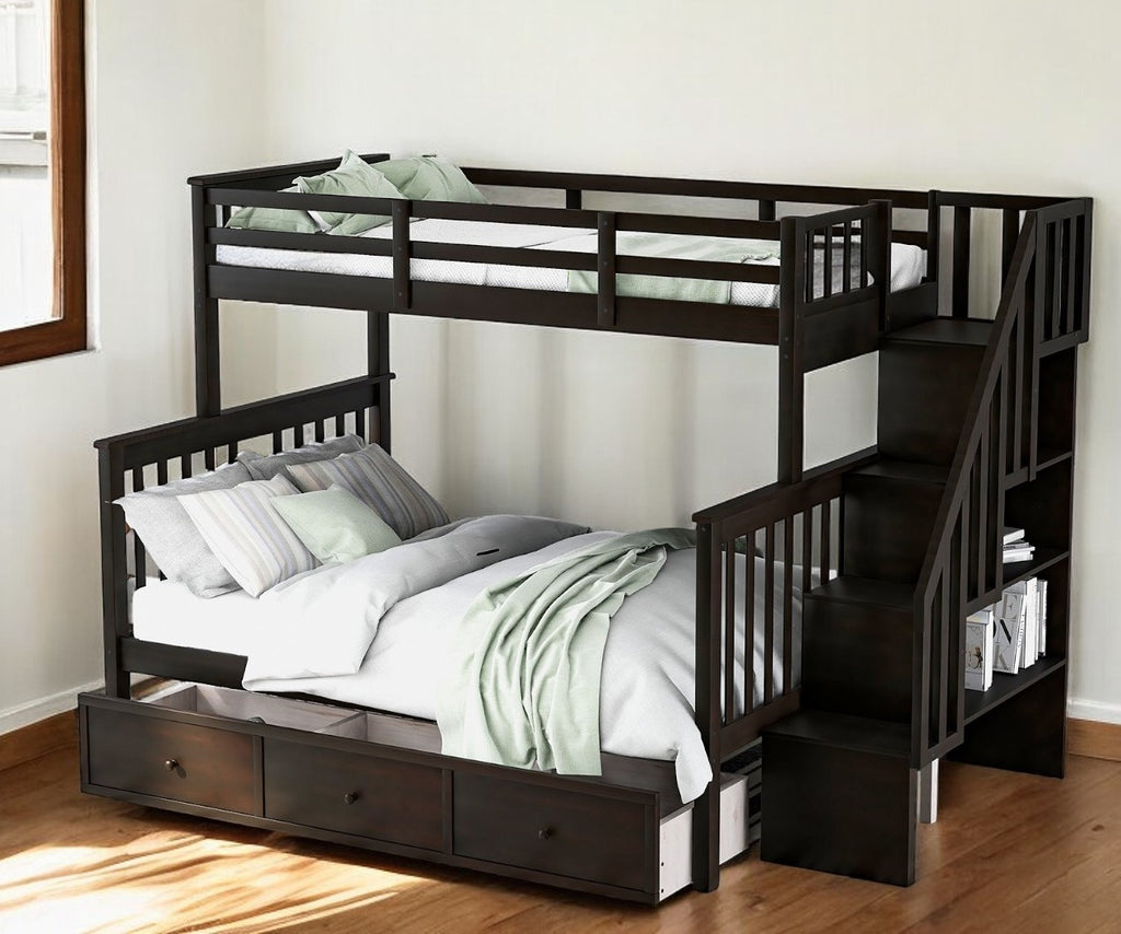 LuxxHomes  Espresso Twin Over Full Contemporary Bunk Bed With Stairs And Shelves