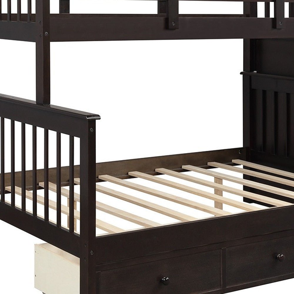 LuxxHomes  Espresso Twin Over Full Contemporary Bunk Bed With Stairs And Shelves