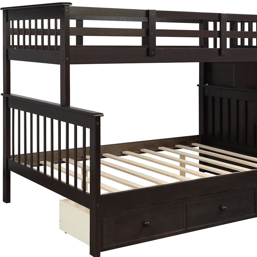 LuxxHomes  Espresso Twin Over Full Contemporary Bunk Bed With Stairs And Shelves