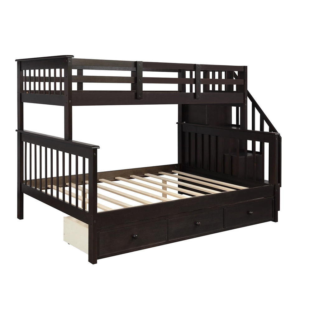 LuxxHomes  Espresso Twin Over Full Contemporary Bunk Bed With Stairs And Shelves