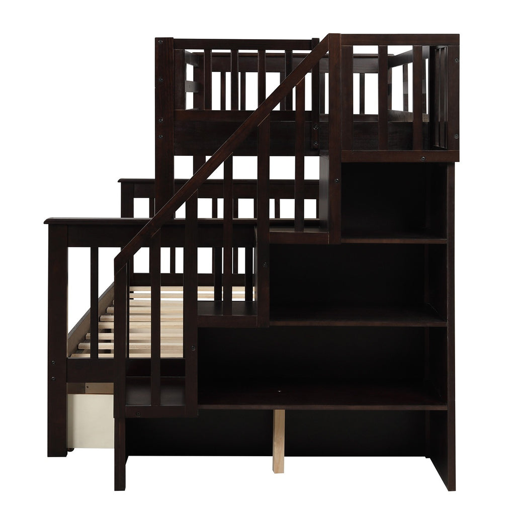 LuxxHomes  Espresso Twin Over Full Contemporary Bunk Bed With Stairs And Shelves