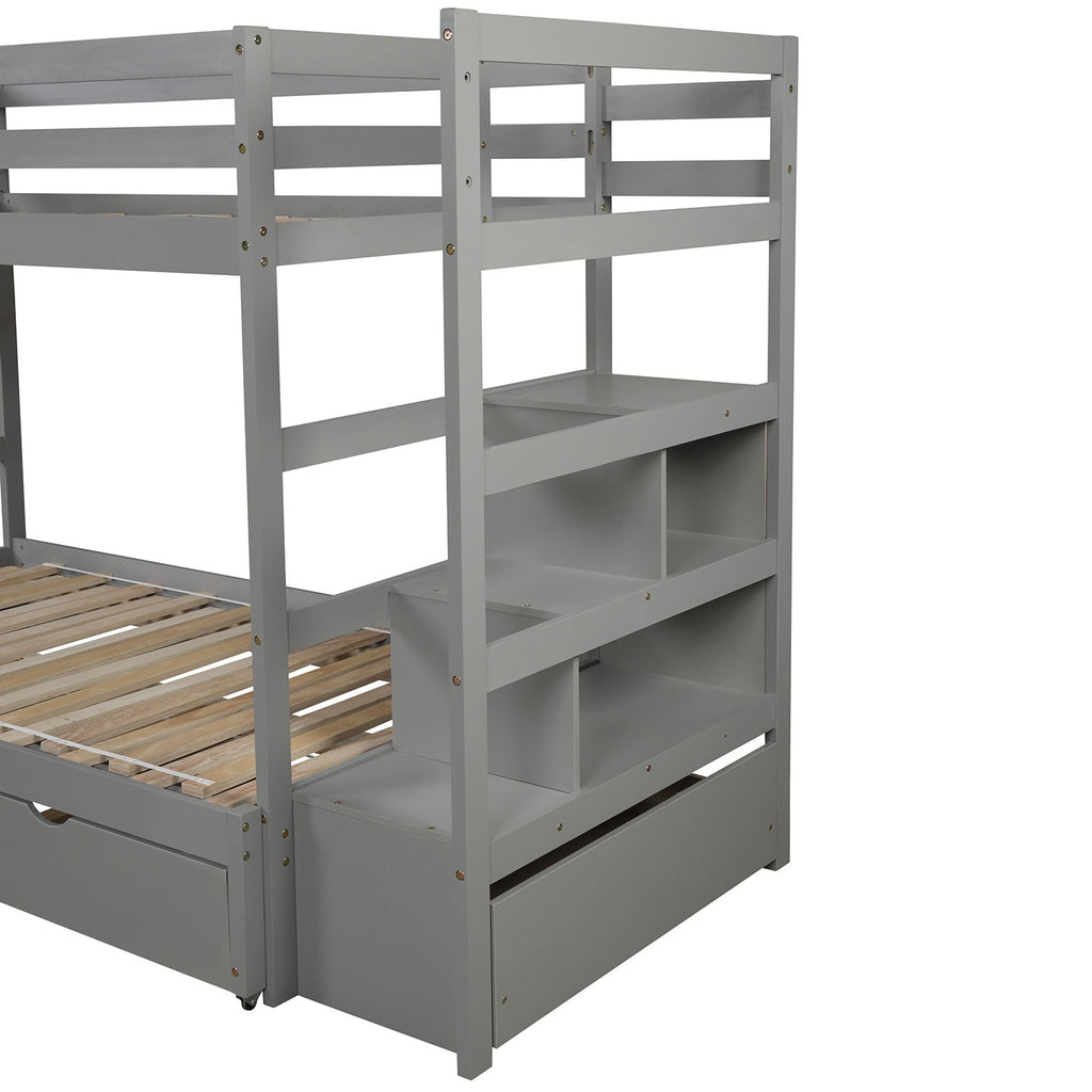 LuxxHomes  Gray Twin Over Twin Contemporary Bunk Bed With Stairs