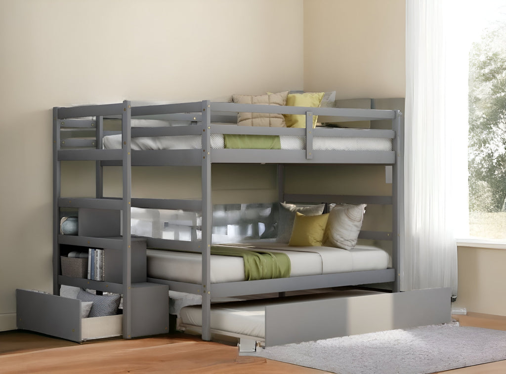 LuxxHomes  Gray Full Over Full Contemporary Bunk Bed With Stairs