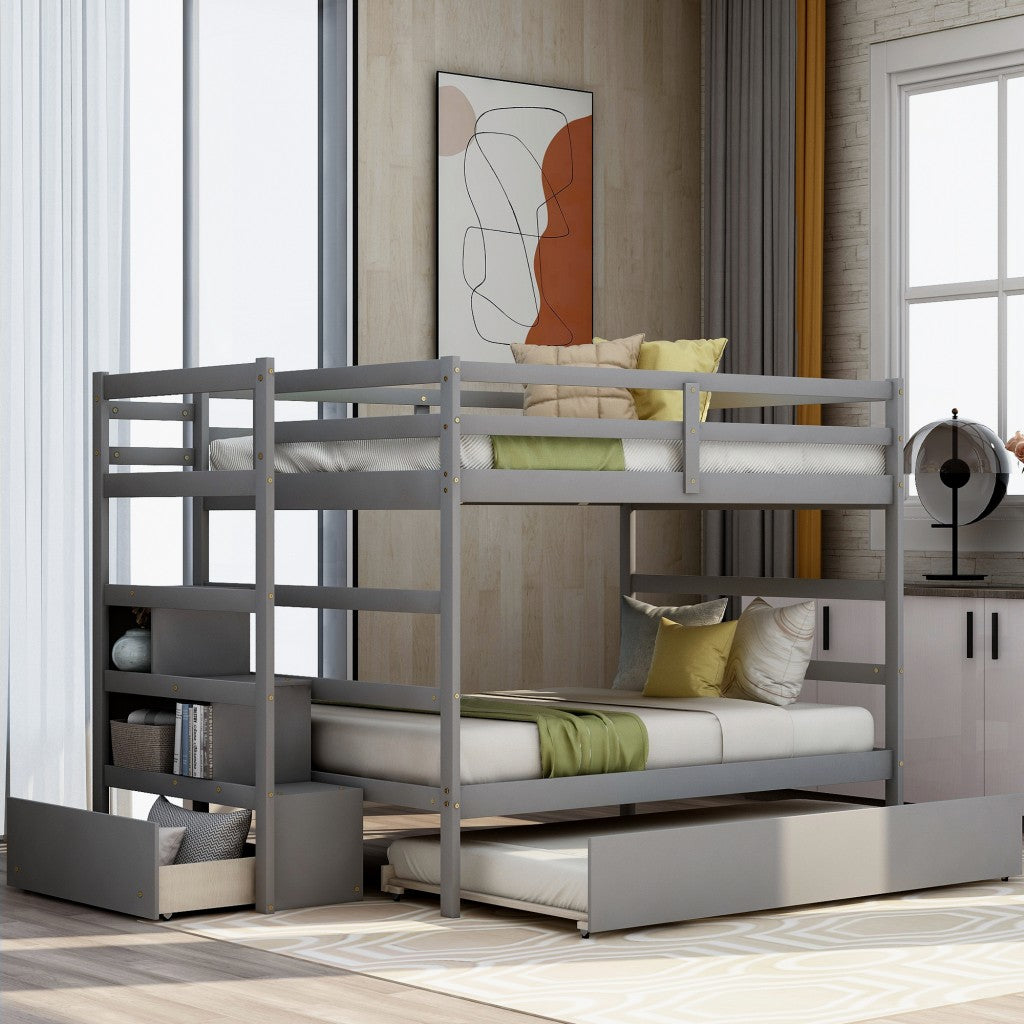 LuxxHomes  Gray Full Over Full Contemporary Bunk Bed With Stairs