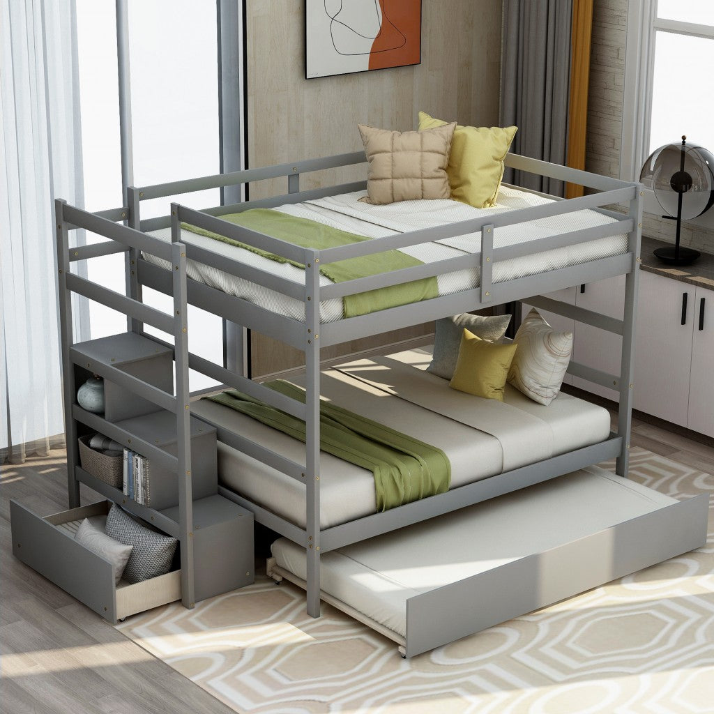 LuxxHomes  Gray Full Over Full Contemporary Bunk Bed With Stairs