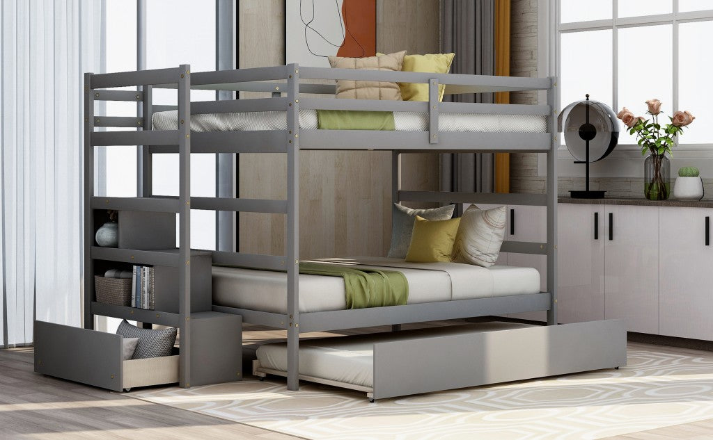 LuxxHomes  Gray Full Over Full Contemporary Bunk Bed With Stairs