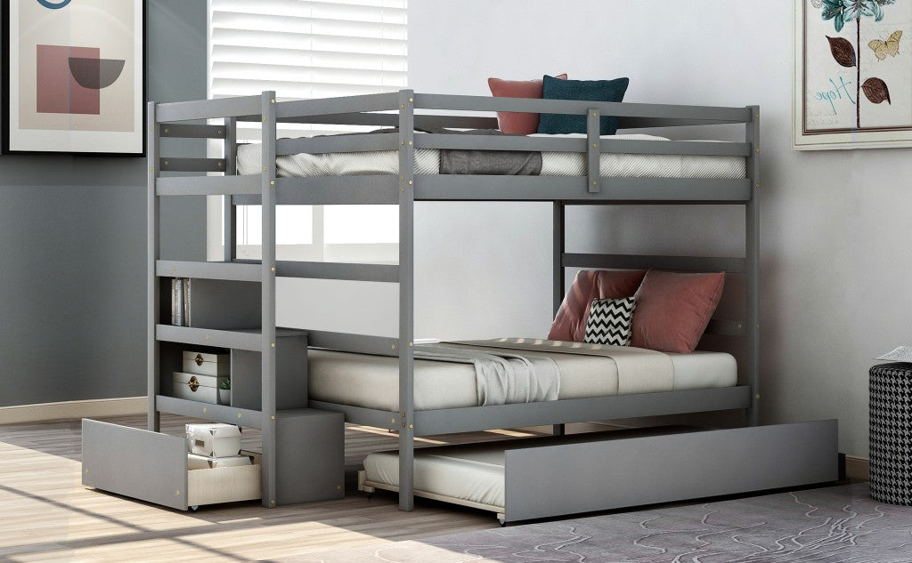 LuxxHomes  Gray Full Over Full Contemporary Bunk Bed With Stairs