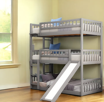 LuxxHomes  Gray Twin over Twin over Twin Contemporary Manufactured Wood and Solid Wood Bunk Bed