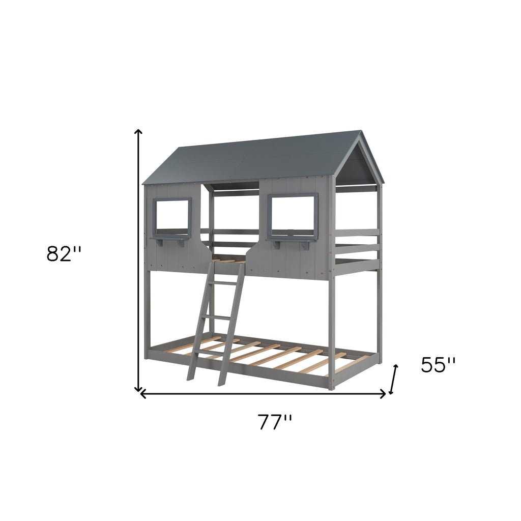 LuxxHomes  Gray Twin over Twin Contemporary Manufactured Wood and Solid Wood Bunk Bed