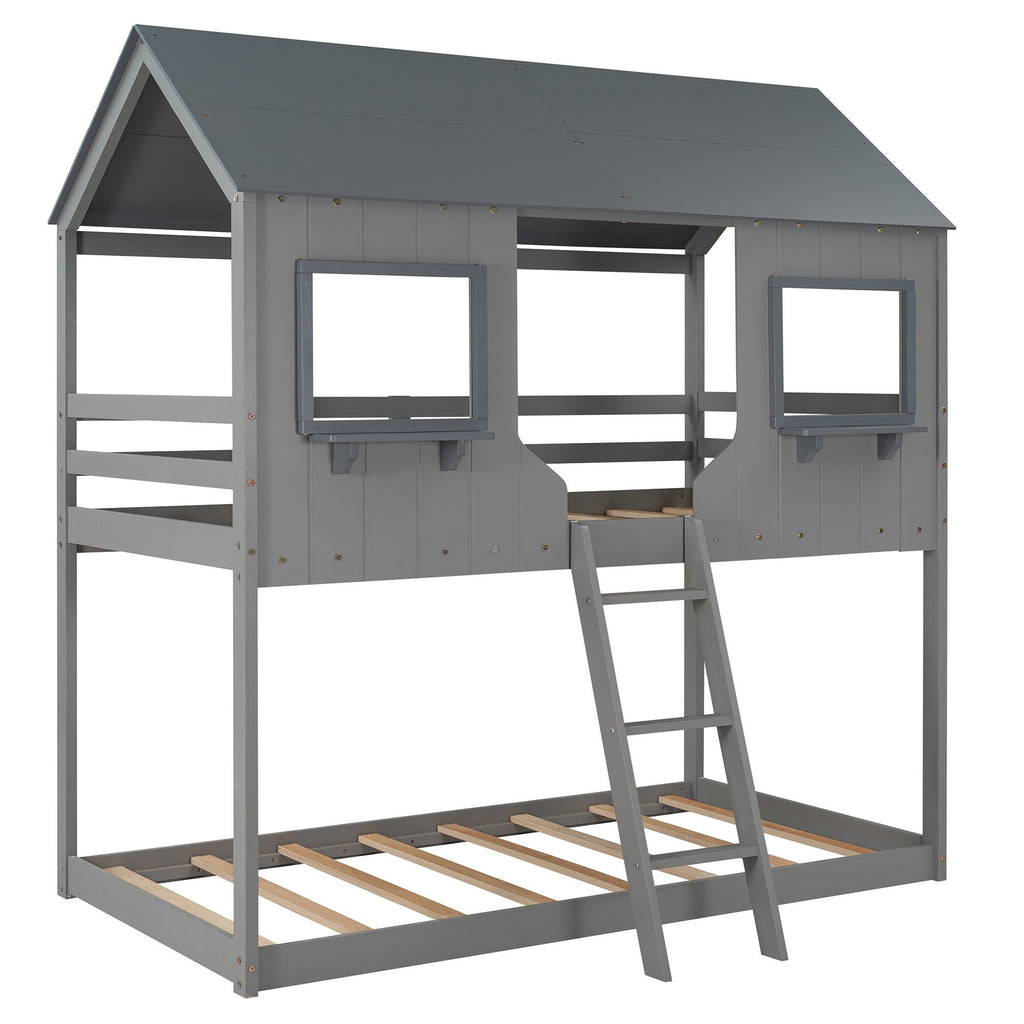 LuxxHomes  Gray Twin over Twin Contemporary Manufactured Wood and Solid Wood Bunk Bed