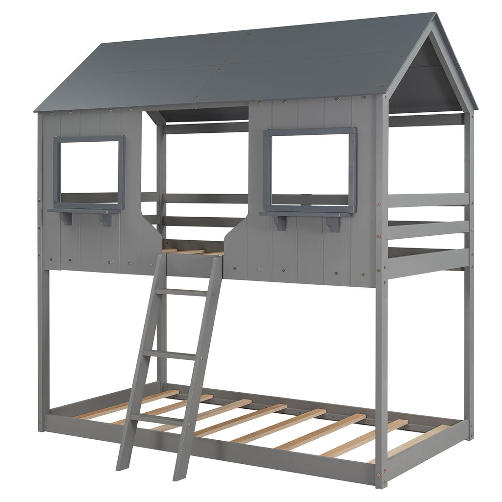 LuxxHomes  Gray Twin over Twin Contemporary Manufactured Wood and Solid Wood Bunk Bed