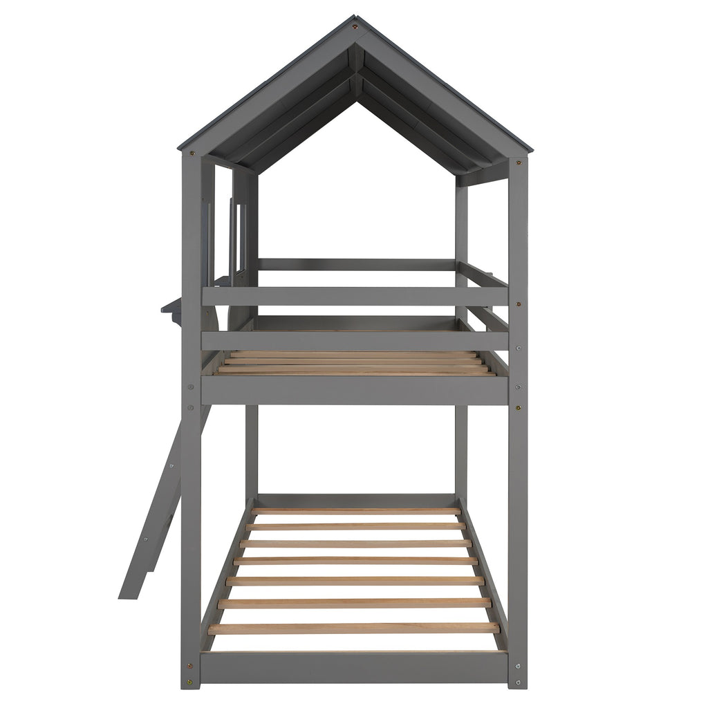 LuxxHomes  Gray Twin over Twin Contemporary Manufactured Wood and Solid Wood Bunk Bed